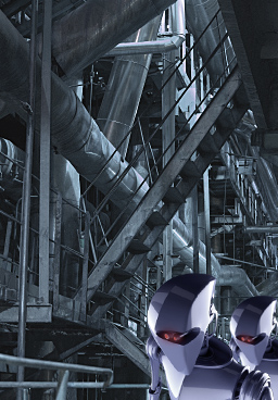 robot walking through underground robot factory